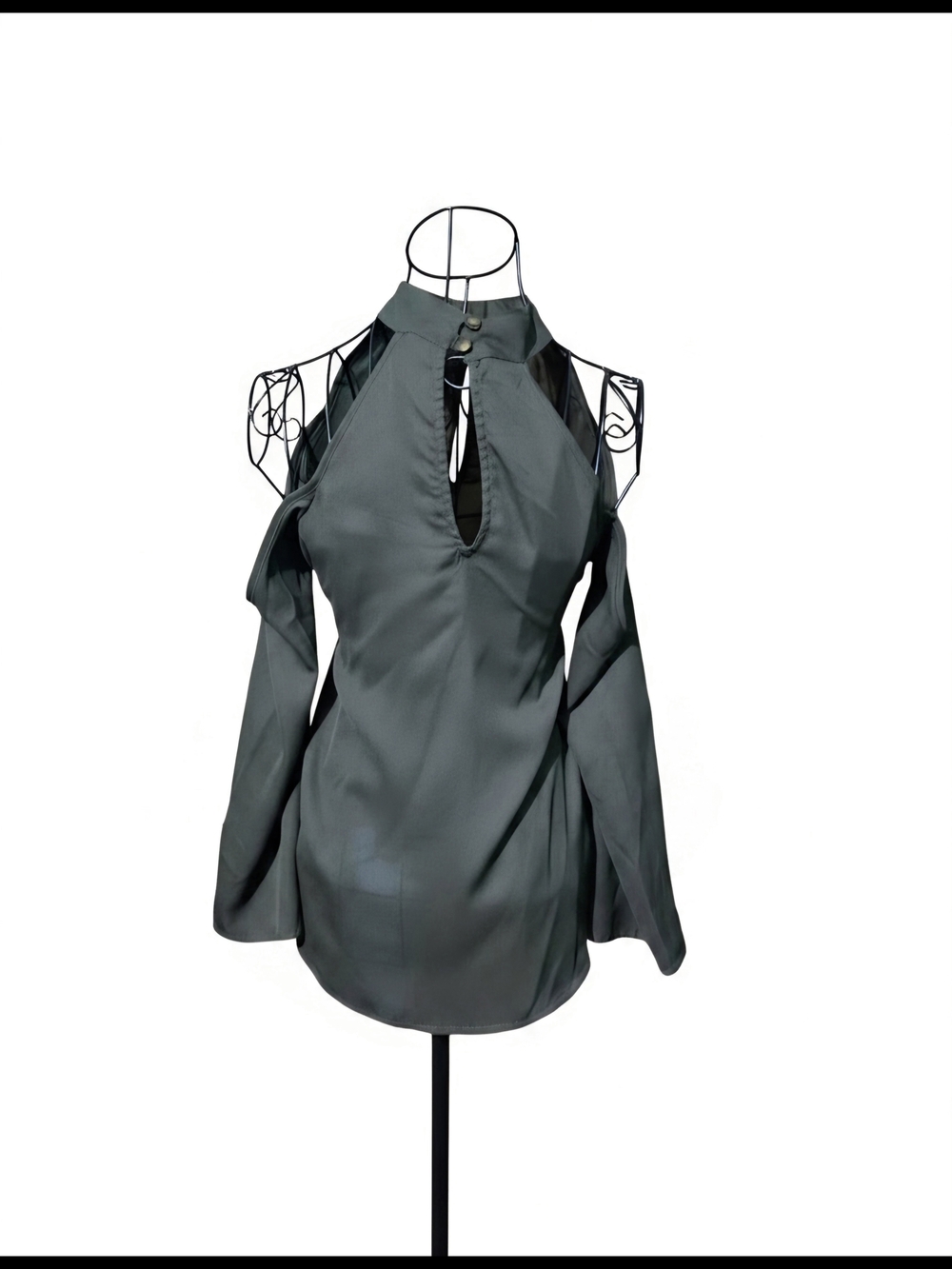 Cold-Shoulder High-Neck Blouse in Charcoal Gray